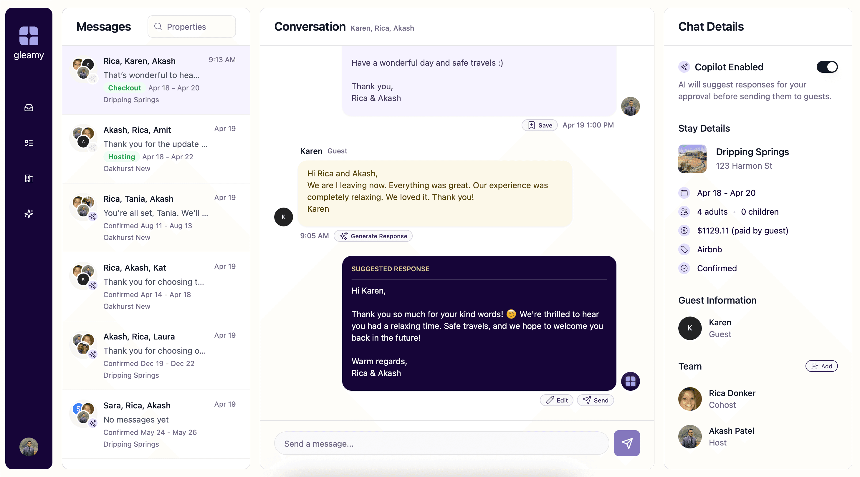 Gleamly AI Dashboard showing automated guest conversations